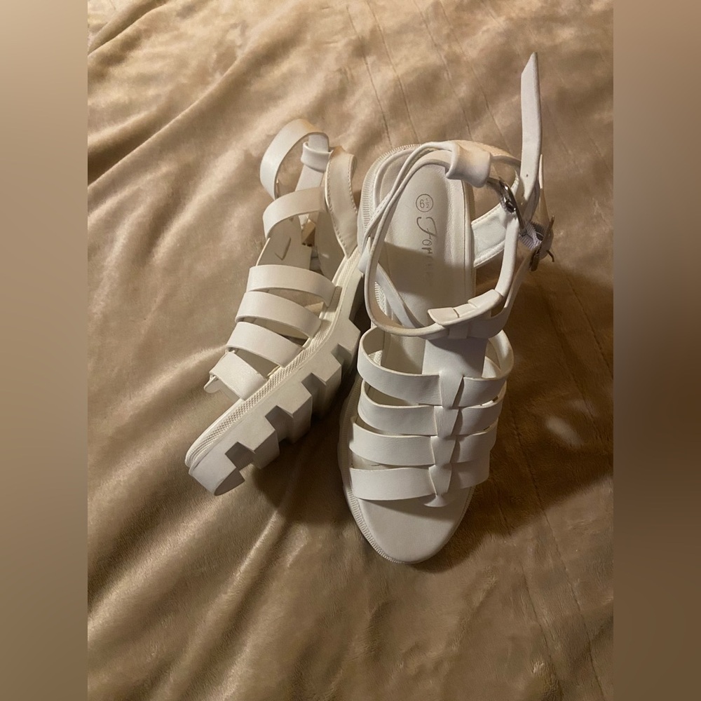 White Strappy Platform Sandals with Ankle Buckle